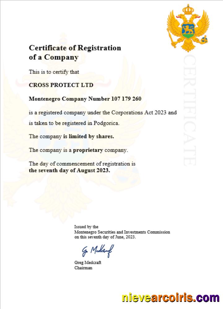 Montenegro company registration certificate